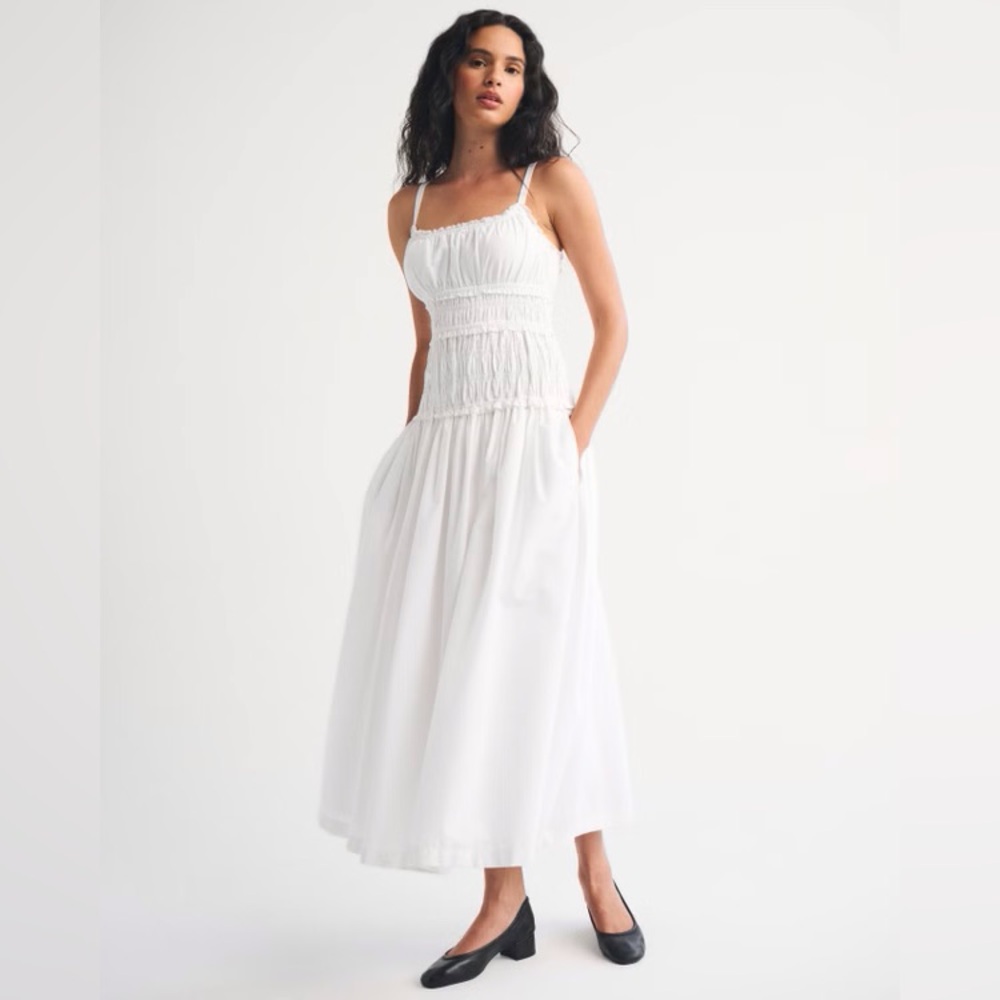 Abercrombie and Fitch Bra-Free Smocked Drop-Waist Maxi Dress White